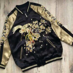 Black & Gold Souvenir Jacket (Sukajan) with Phoenix and Cherry Blossoms.womens M